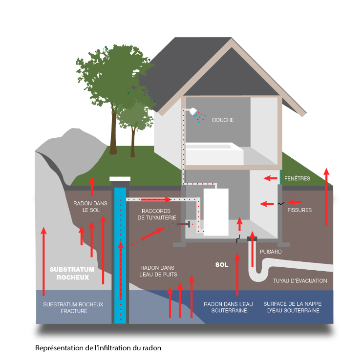 Illustration montrant les ouvertures par lesquelles s’infiltre le radon dans une maison au Québec
